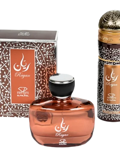 Rayan Zirconia Arabia set parfum arabesc barbatesc. Oriental lemnos, nobil, carismatic, intens. Setul contine: 1buc parfum 100ml  si 1buc deodorant 200ml. Fabricate in Emiratele Arabe Unite.