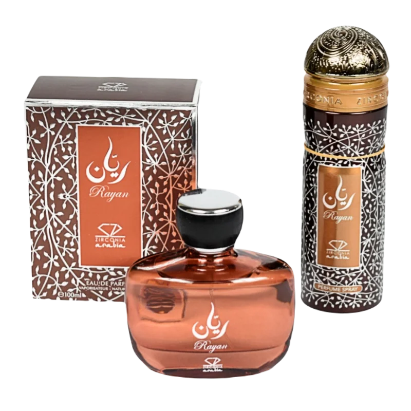 Rayan Zirconia Arabia set parfum arabesc barbatesc. Oriental lemnos, nobil, carismatic, intens. Setul contine: 1buc parfum 100ml  si 1buc deodorant 200ml. Fabricate in Emiratele Arabe Unite.