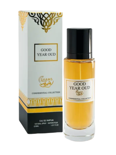 Parfum Good Year oud 30ml Confidential Collection, un parfum lemnos condimentat, ambrat, un miros intens, rafinat, cald, afumat. Shams Perfumes, fabricat in EAU.