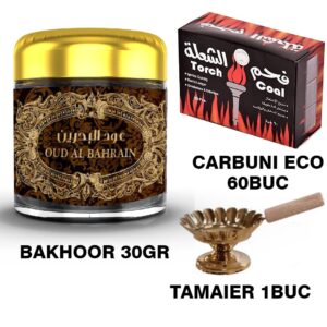Paseste in magia lumii arabesti cu Set Aromatizant Oriental Natural Lemn De Oud Parfumat 30gr + Carbuni ECO 60 buc + Tamaier 1buc