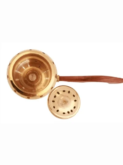 Suport de ars tamaie din brass vintage, in stil arabesc, cu maner din lemn si capac