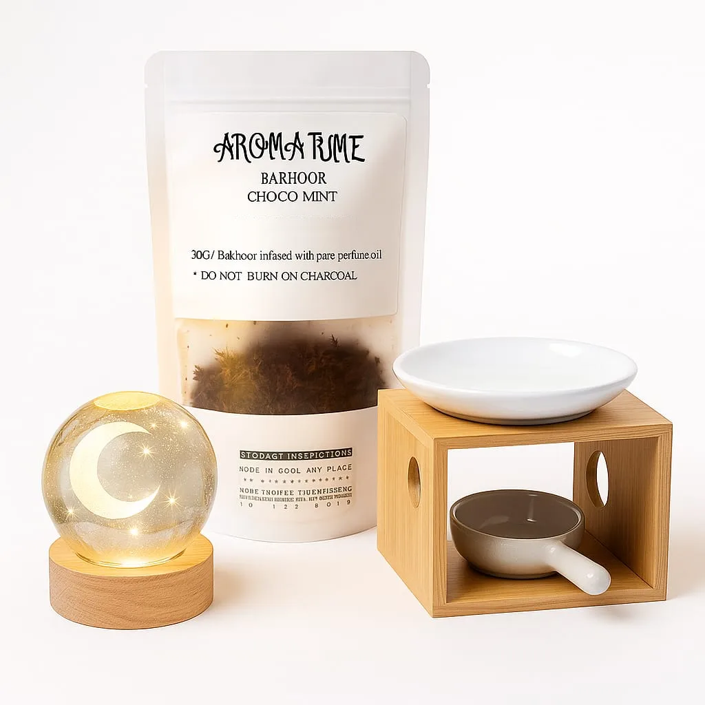 Set Bakhoor Choco Mint Cu Difuzor Aromaterapie Si Lampa Cu Cristal 3D